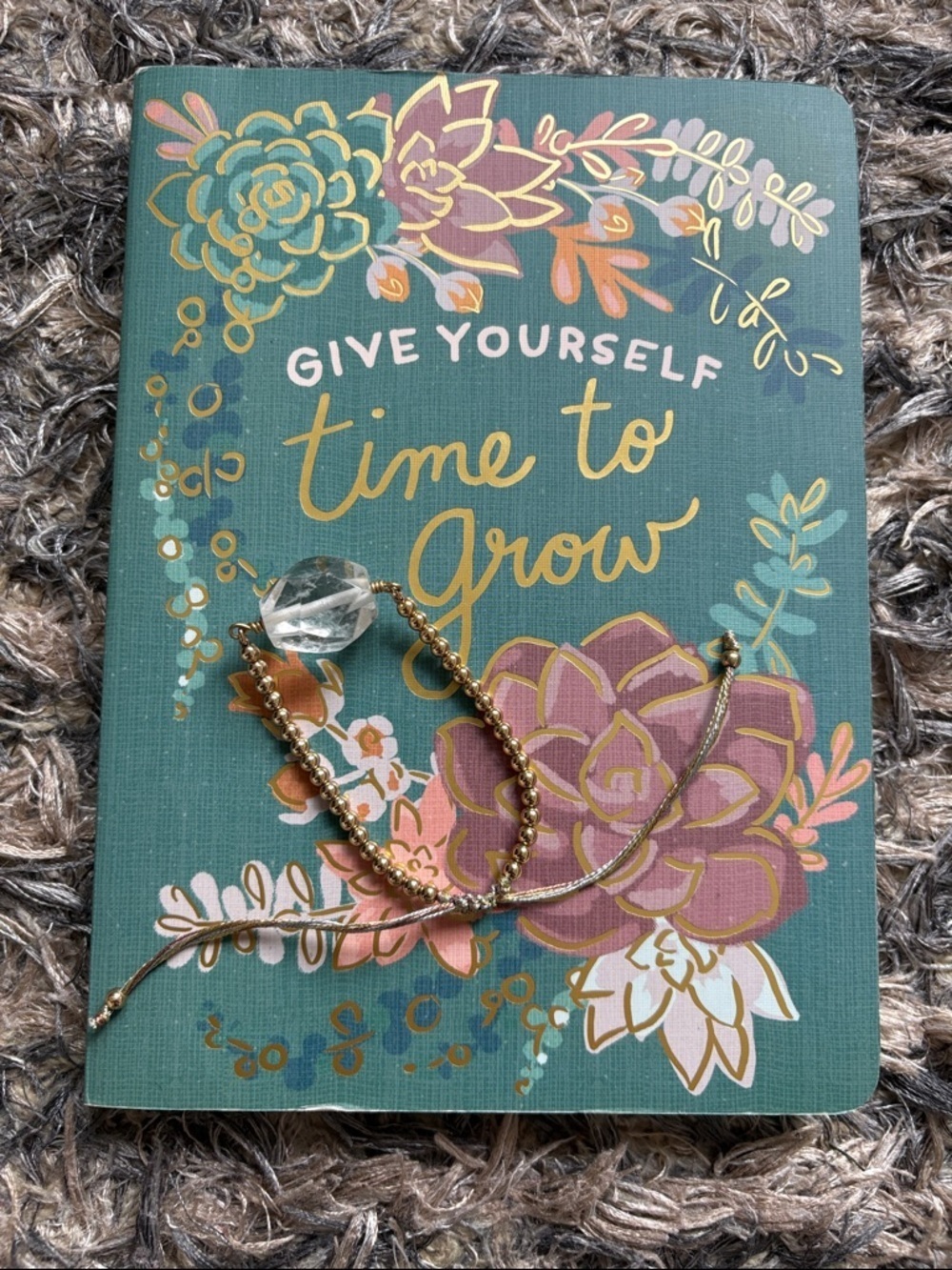 Floral 'Give Yourself Time to Grow' Journal & Clear Quartz Healing Bracelet Set